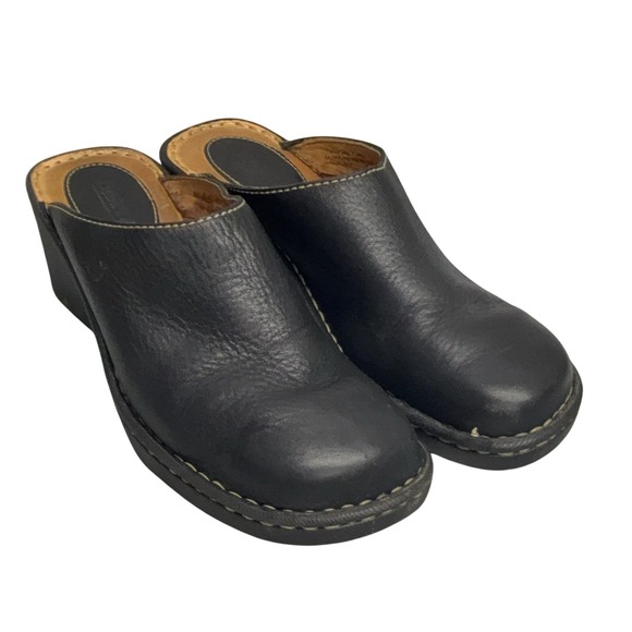 Born Shoes - Born Shoes Womens Size 10 42 Black Leather Wedge Mules Slip On Comfort Casual